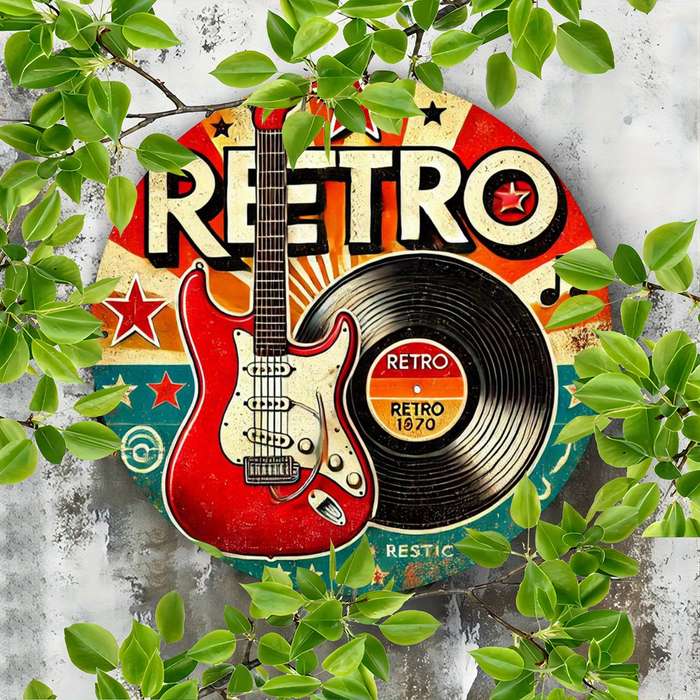 1pc Vintage Guitar and Vinyl Record Design 19.81 cm Round Iron Wreath Sign Vintage Style Wall Dec