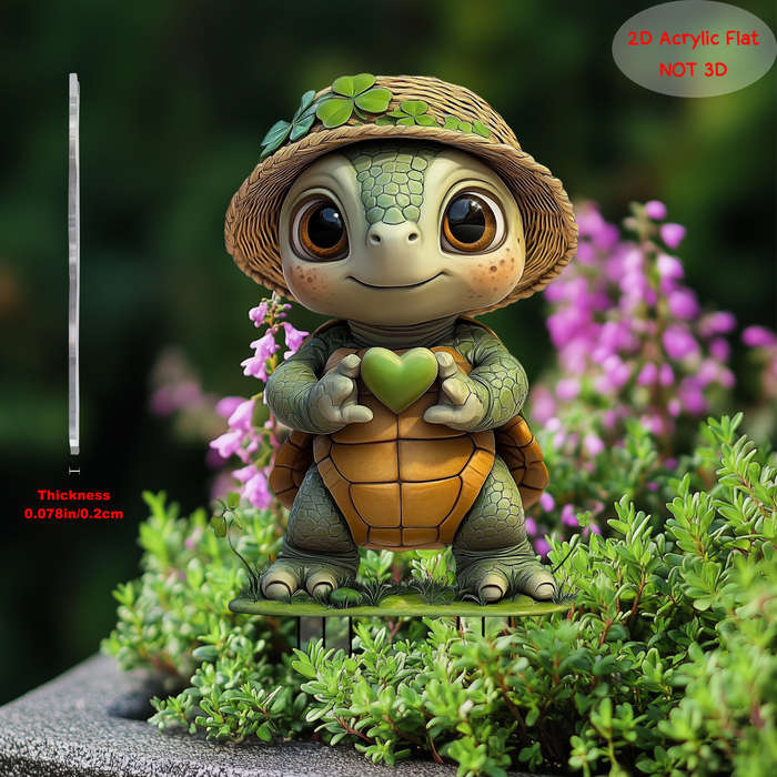 1pc 2D Flat    PrintingCute  Acrylic Turtle Garden Stake with Four Leaf Clover Vivi
