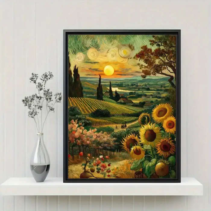 Van Gogh Sunflowers & Sunset Frameless Canvas Print - Modern Classic Art Deco Vertical Wall Art