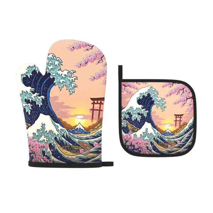 2pcs Set Cherry Blossom Oven Mitts Pot Holders 26.92x17.02cm Heat Resistant Non-Slip Kitch