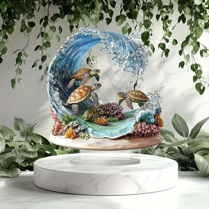 1pc 2D Flat  Bohemian Style Crystal Sea Turtle Wave Decor Plaque Vibrant Oceanic Scene with Color
