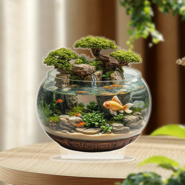 1pc 2D Flat  Acrylic Trim 8-Inch Glass Container with Golden Fish and Artificial Mountain Landscape