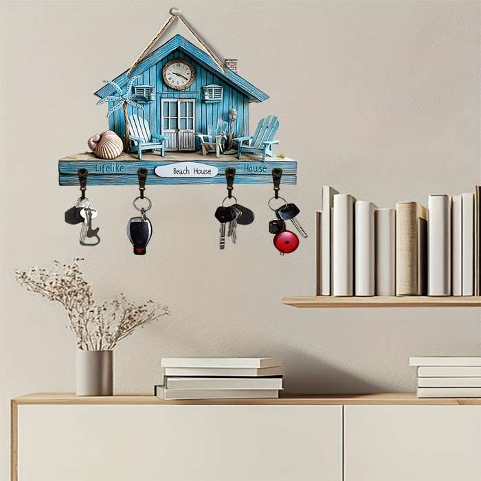 2Dflat Simple Colorful Wooden with Home Key Hook Comes with Four Metal Hooks 30.0cm x 24.99cm 2D