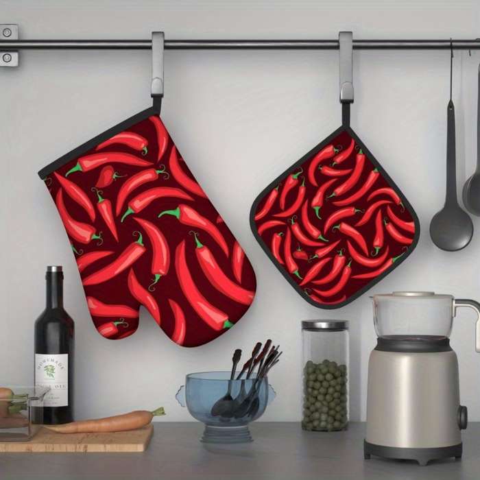 2pcs Red Chili Pepper Oven Mitts Woven Polyester Potholders Heat-Resistant up to 500F Machi