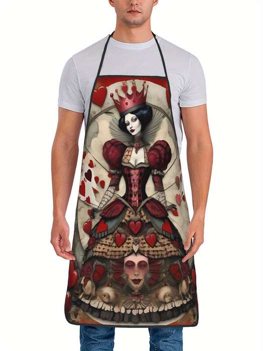1pc Vintage-Inspired Playing Card Queen Kitchen Apron Polyester Red and White Adjustable Ties