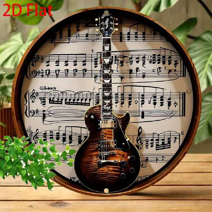 1pc  2D Flat Metal Round Aluminum Tin Sign Gibson Guitar Wall Art Retro Music Decor for Hom