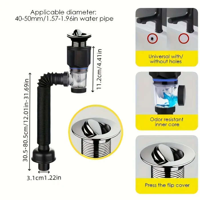 1pc Odor-Resistant Bathroom Sink Drain Kit with Expandable P-Type Elbow Durable Stainless Steel ABS