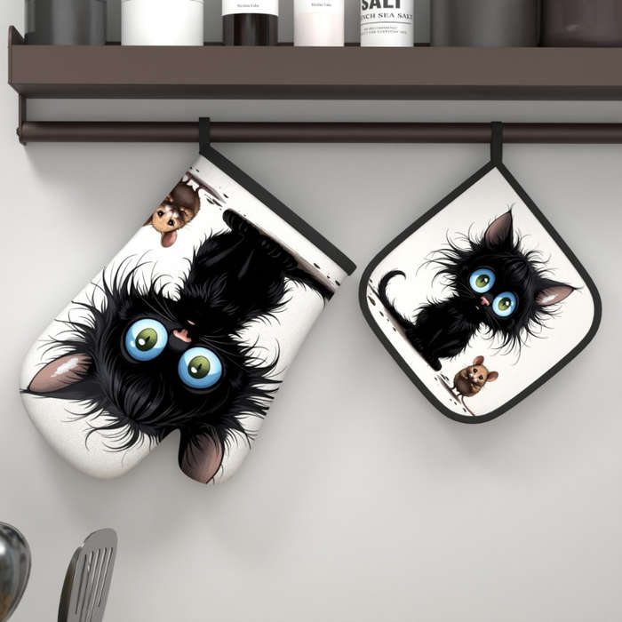 2pcs Heat-Resistant Oven Mitts Potholders Cute Black Kitten Brown Mouse Design 26.92x17.