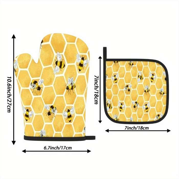 2pcs Heat-Resistant Oven Mitts Pot Holders Beehive Yellow with Black Tips 26.92x17.02 cm