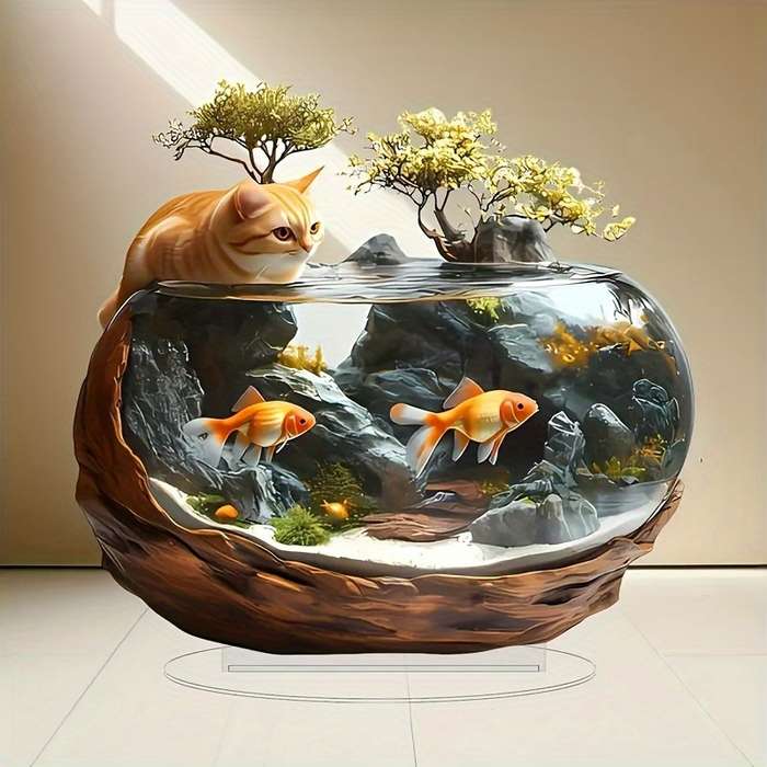 1pc 2D Flat   Plane Vintage Style  Acrylic Greedy Cat Aquarium Tabletop Decoration Animal The
