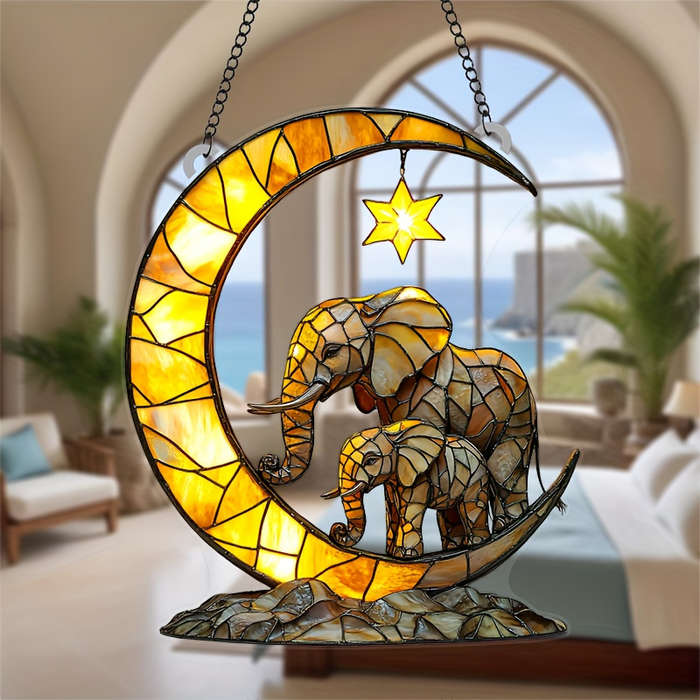 1pc 2D Flat  17.78cm x 20.32cm Acrylic Moon Star Elephant Family Wall Art Vibrant Stained Glass