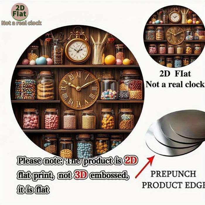 1pc 2D Flat Vintage Kitchen Wall Clock with Wooden Shelf Glass Jar Display 2D Flat Not real clock