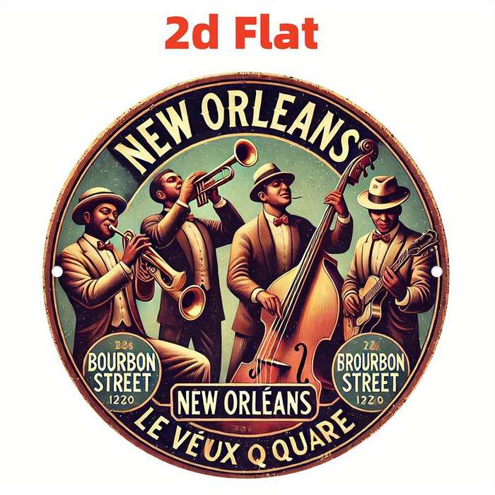 1pc 2D Flat Vintage New Orleans Jazz Band 2D Aluminum Wall Art Rustic Round Decorative Plaque w