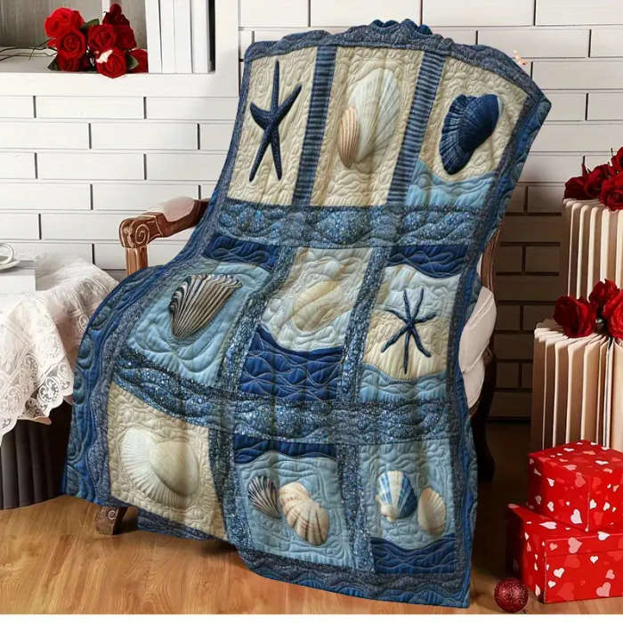 1 Vintage Nautical Starfish and Shell Patchwork Flannel Blanket 150*200cm