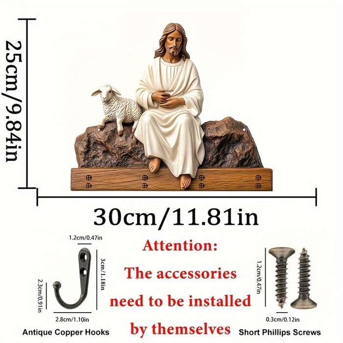 2D Flat 1pc Jesus and Lamb Simple Colorful Wooden Key Holder with Four Metal Hooks(2 x 9.84) 2D