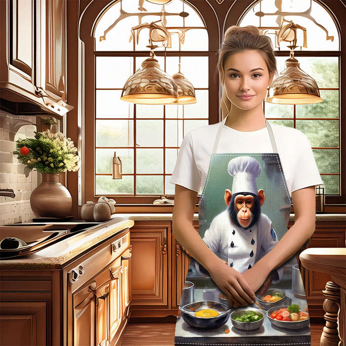 1pc Creative Monkey Chef Pattern Apron Adjustable Straps Durable Polyester Kitchen Cooking Bi