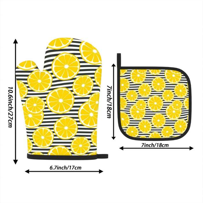 2pcs Lemon Print Oven Mitts Heat Resistant Kitchen Gloves with Black White Striped Design