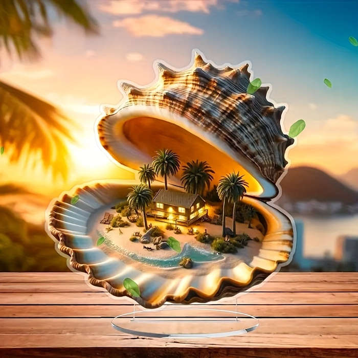 1pc 2D Flat  Acrylic Shell House with Palm Tree Accents Tropical Beach Theme Home Decor Coastal A