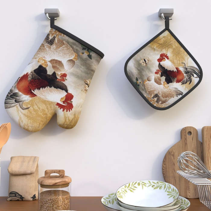 2pcs 26.92x17.02 cm Oven Mitts And Potholders Art Illustration Chickens On Farm Vintage Heat Re