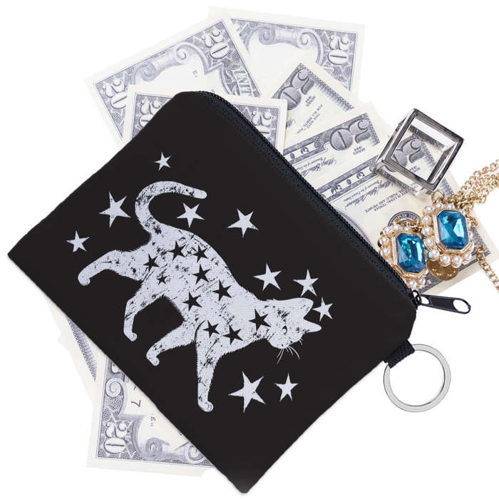 1pc Stylish Black Cat Star Print Polyester Coin Purse C High Quality Portable Zipper Pouch for K