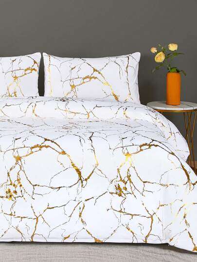 High Quality Metallic Marble Queen Size Comforter Gold Print Glitter - White