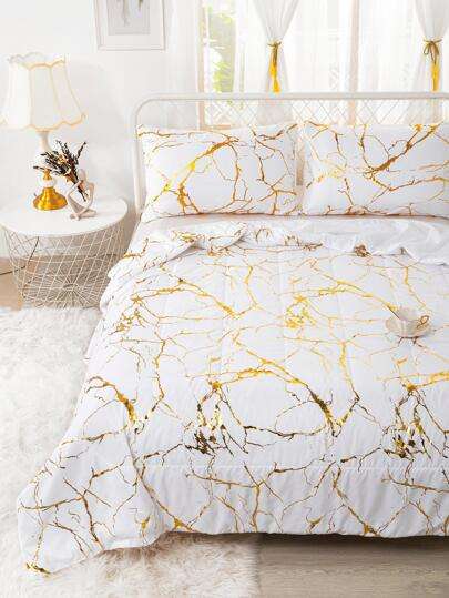 High Quality Metallic Marble Queen Size Comforter Gold Print Glitter - White