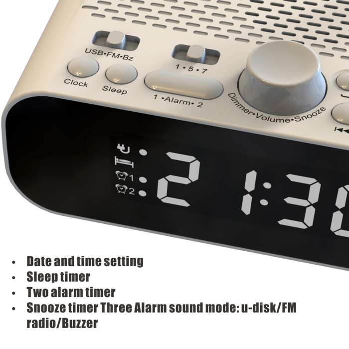 BT-A5 LED Display Bedside FM Clock Radio with Bluetooth Speaker (White)