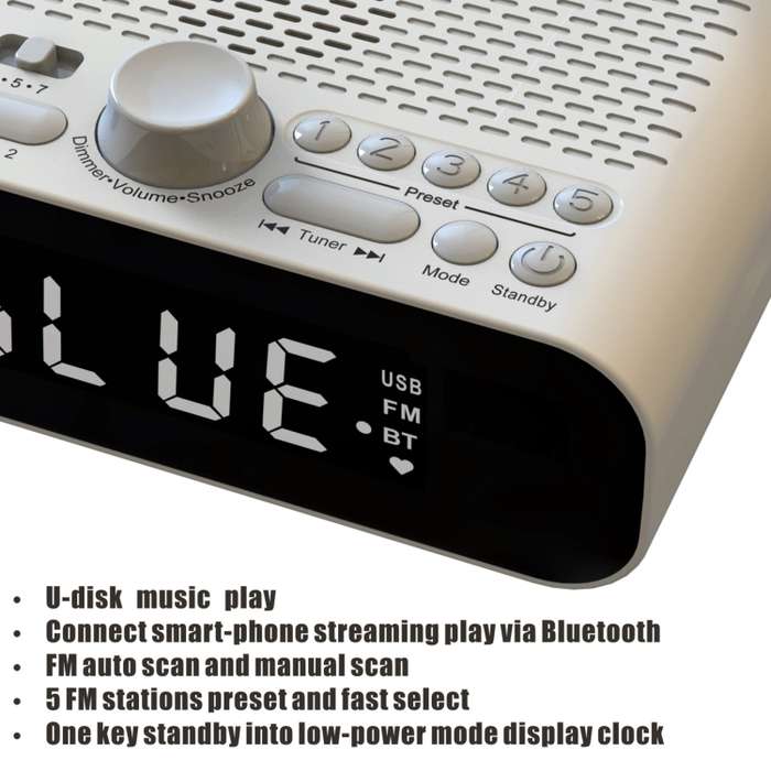 BT-A5 LED Display Bedside FM Clock Radio with Bluetooth Speaker (White)