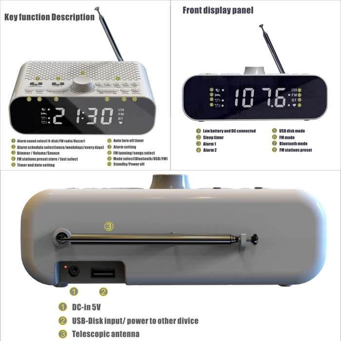 BT-A5 LED Display Bedside FM Clock Radio with Bluetooth Speaker (White)