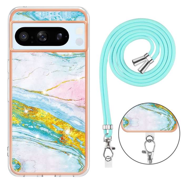For Google Pixel 8 Pro Electroplating Marble Dual-side IMD Phone Case with Lanyard(Green 004)