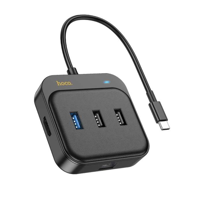 hoco HB37 6 in 1 HDTV+RJ45+USB3.0+USB2.0x2+PD100W Converter, Cable Length: 0.2m(Black)