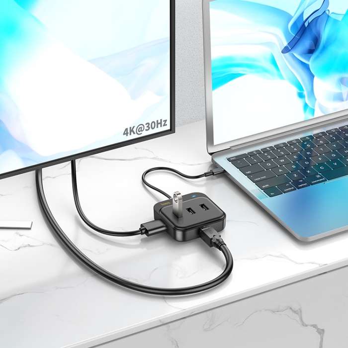 hoco HB37 6 in 1 HDTV+RJ45+USB3.0+USB2.0x2+PD100W Converter, Cable Length: 0.2m(Black)