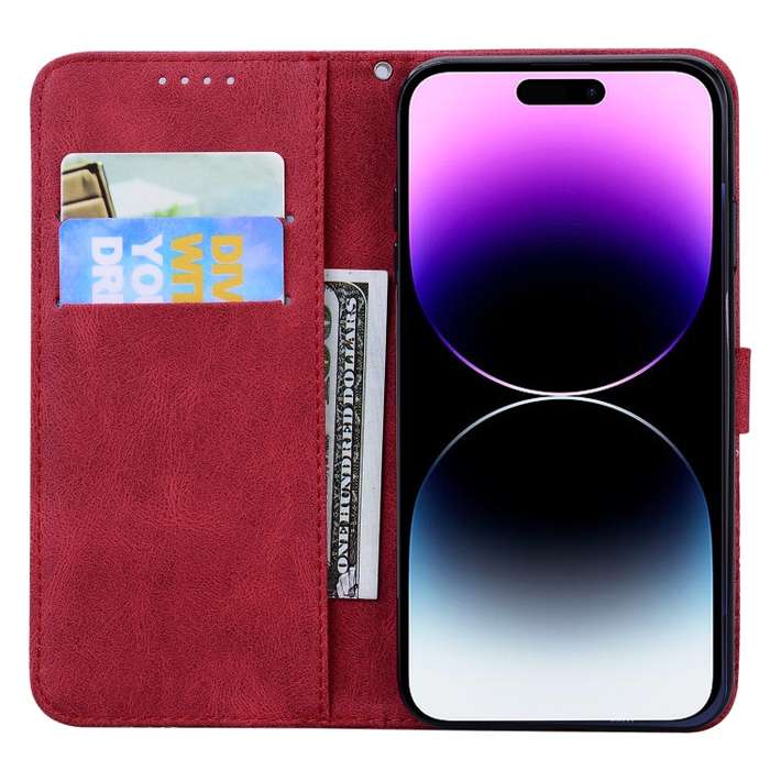 For iPhone 15 Pro Max Retro Skin Feel Butterflies Embossing Leather Phone Case(Red)