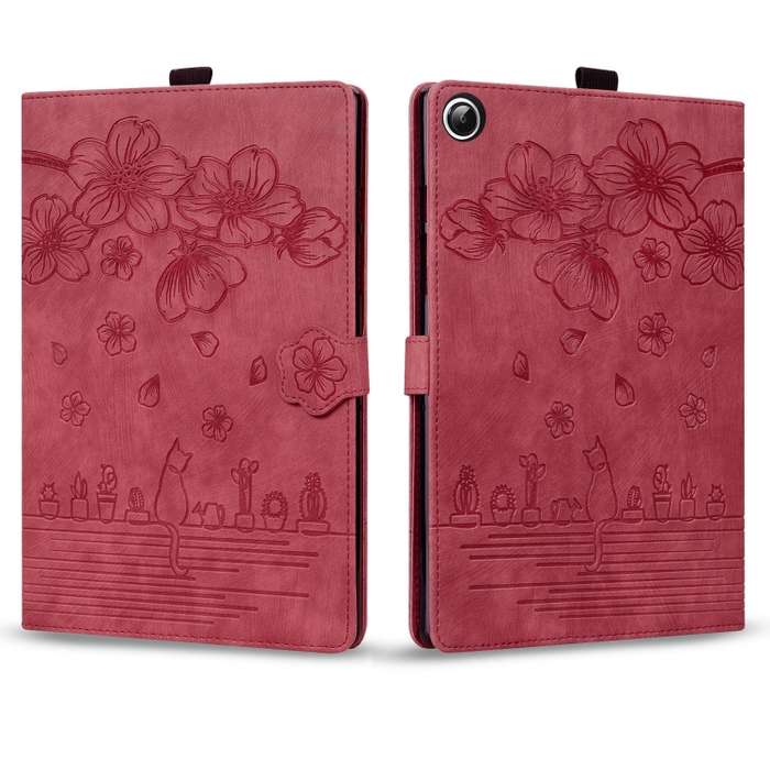 For Samsung Galaxy Tab A8 X200 Cartoon Sakura Cat Embossed Smart Leather Tablet Case(Red)