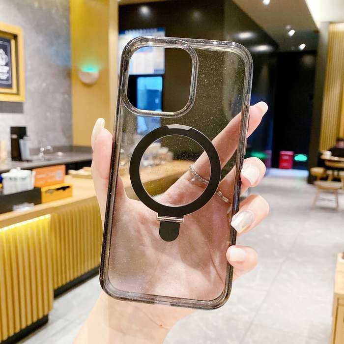 For iPhone 15 Glitter MagSafe Magnetic Phone Case with Stand(Black)