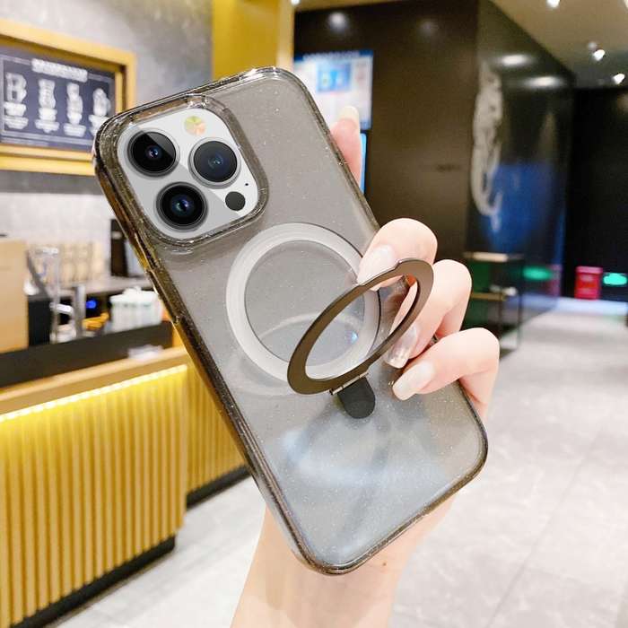 For iPhone 15 Glitter MagSafe Magnetic Phone Case with Stand(Black)