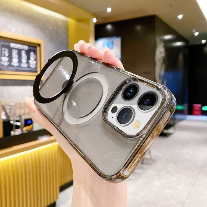 For iPhone 15 Glitter MagSafe Magnetic Phone Case with Stand(Black)