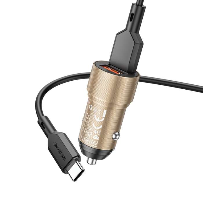 BOROFONE BZ19 Wisdom Dual USB Ports Car Charger with USB to Type-C Cable(Gold)