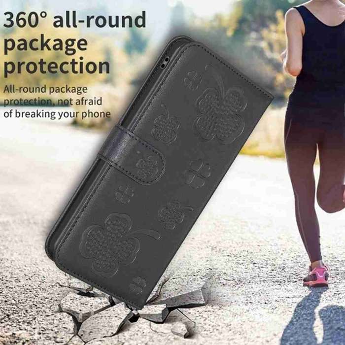 For Xiaomi Redmi Note 9 Four-leaf Embossed Leather Phone Case(Black)