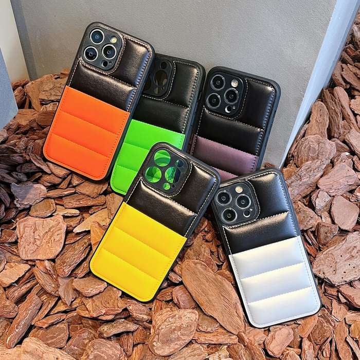 For iPhone 12 Pro Color Block Down Jacket Phone Case(Black Green)