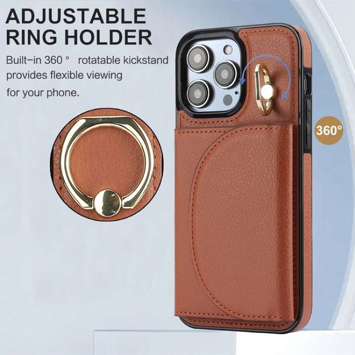 For iPhone 11 YM007 Ring Holder Card Bag Skin Feel Phone Case(Brown)