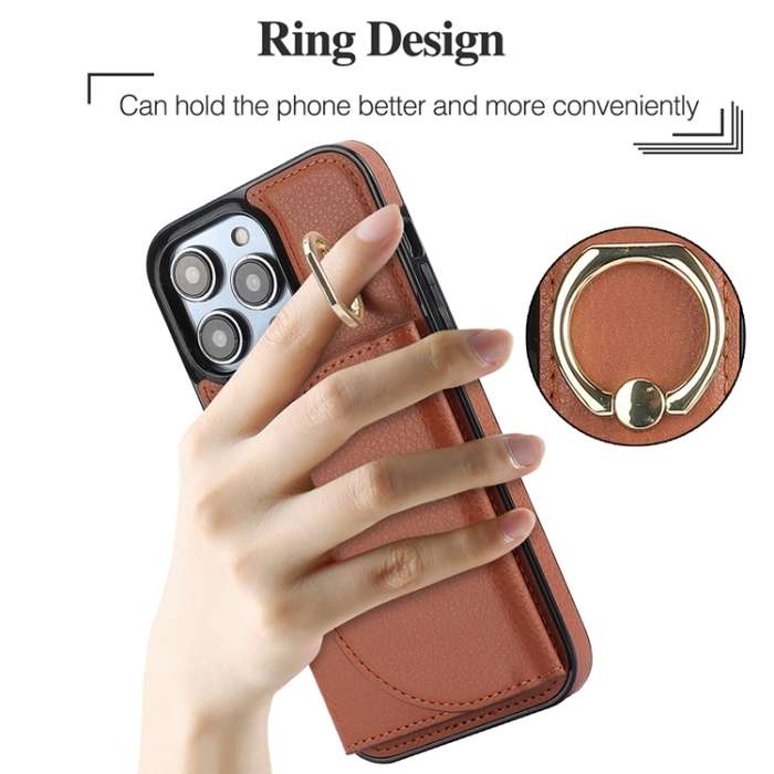 For iPhone 11 YM007 Ring Holder Card Bag Skin Feel Phone Case(Brown)