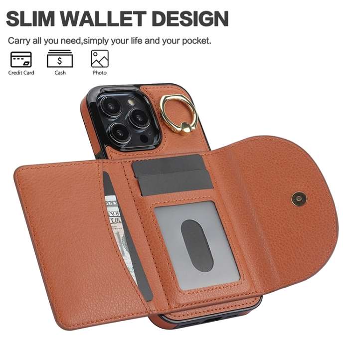 For iPhone 11 YM007 Ring Holder Card Bag Skin Feel Phone Case(Brown)