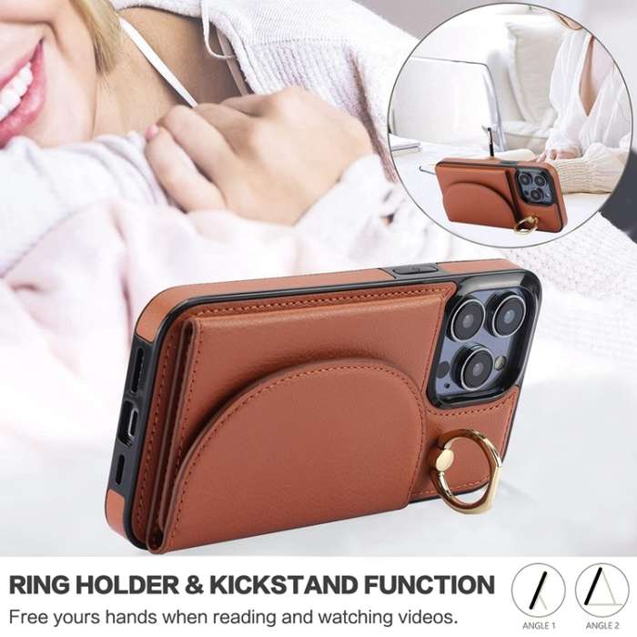 For iPhone 11 YM007 Ring Holder Card Bag Skin Feel Phone Case(Brown)
