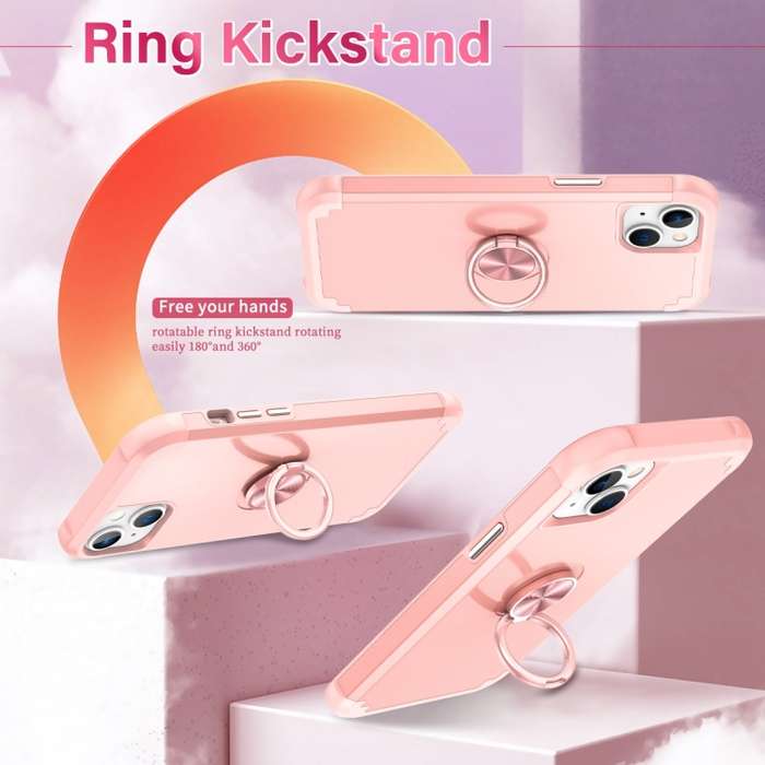 For iPhone 14 Plus L2 Rotating Ring Holder Magnetic Phone Case(Rose Gold)