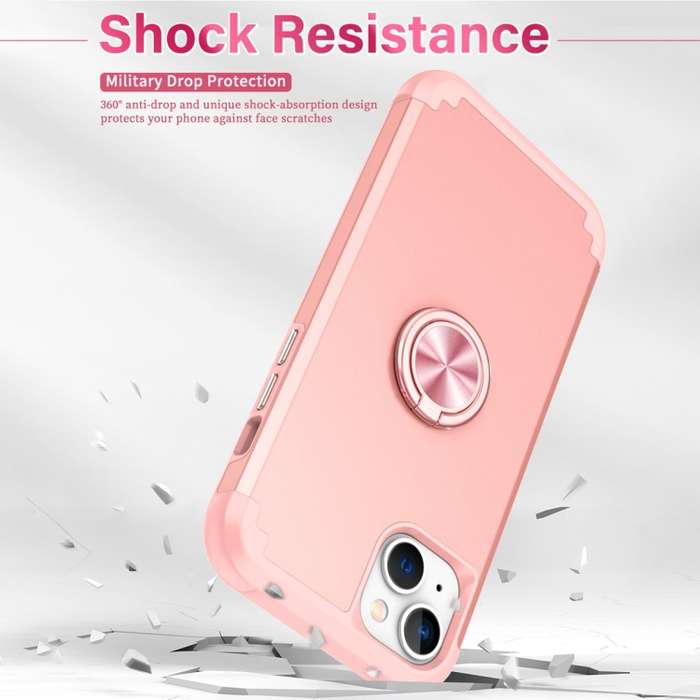 For iPhone 14 Plus L2 Rotating Ring Holder Magnetic Phone Case(Rose Gold)