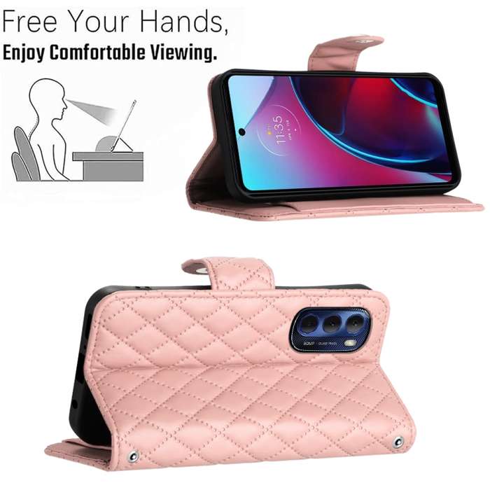 For Motorola Moto G Stylus 4G 2022 Rhombic Texture Flip Leather Phone Case with Lanyard(Coral Pink)