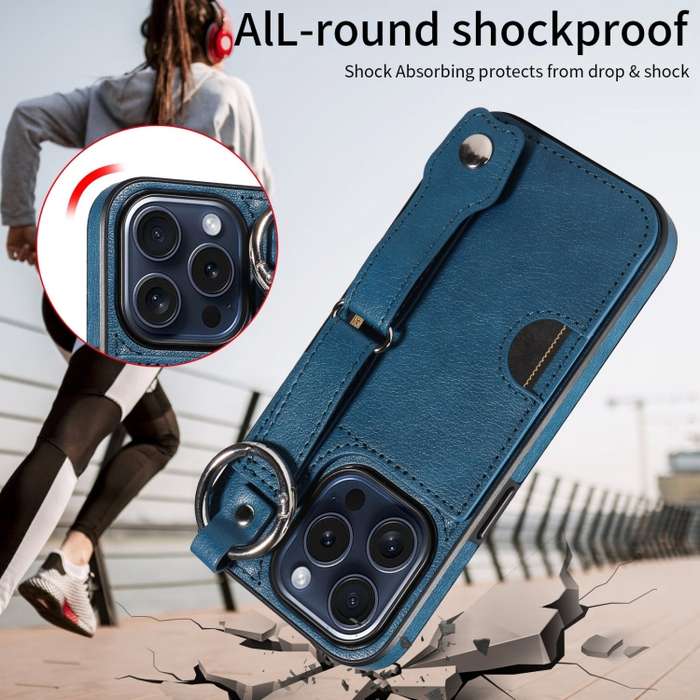 For iPhone 15 Pro Calf Texture Wrist Card Slot Ring Phone Case(Blue)