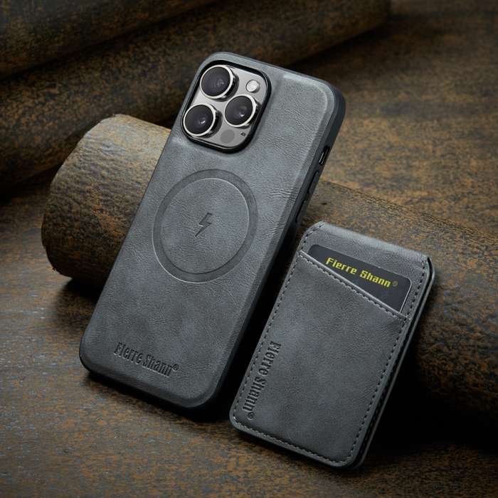 For iPhone 13 Pro Max Fierre Shann Oil Wax Cow Leather Magnetic Card Holder Phone Case(Grey)