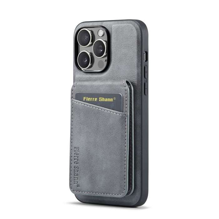 For iPhone 13 Pro Max Fierre Shann Oil Wax Cow Leather Magnetic Card Holder Phone Case(Grey)